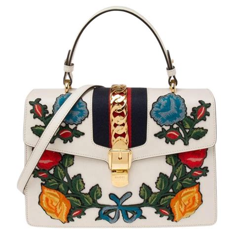 Gucci White Floral Embroidered Leather Sylvie Small 